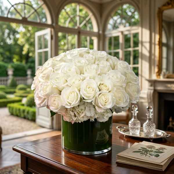 White rose and hydrangea arrangement in a dark green vase