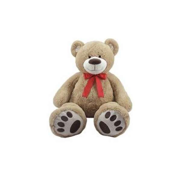 Plush teddy bear with a red ribbon bow