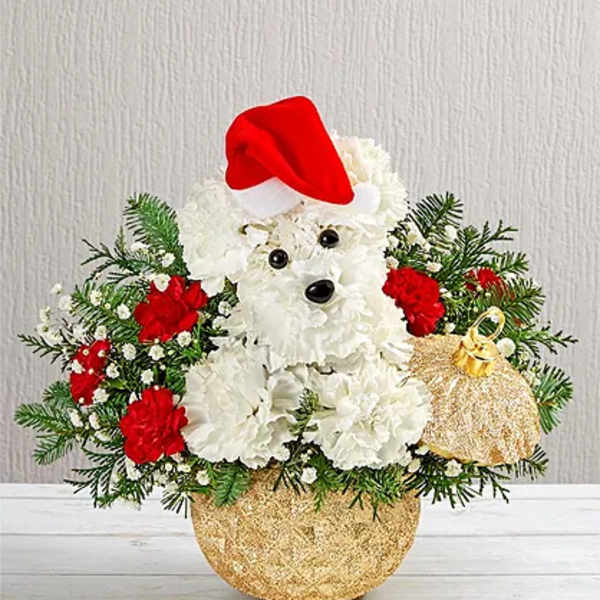 White floral teddy bear in a gold pot with a red Santa hat