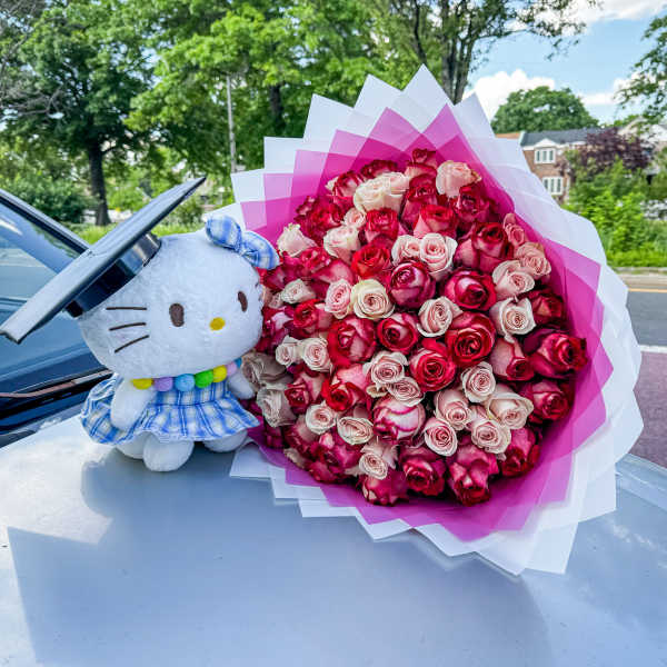 Bouquet of pink and red roses beside a plush cat in a hat
