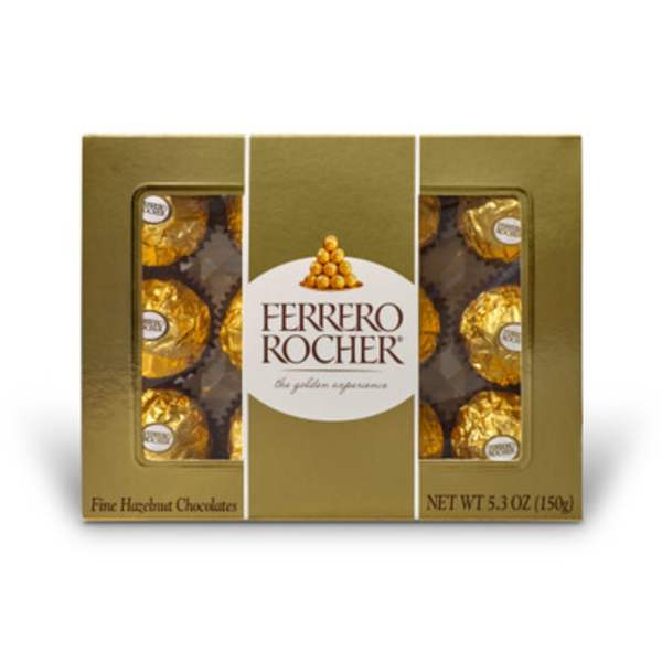 Box of Ferrero Rocher chocolates in gold wrappers