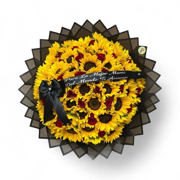Bouquet of yellow sunflowers and red roses with a black ribbon
