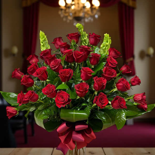 Red roses arranged in a clear vase with a burgundy ribbon