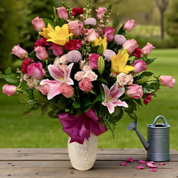 Pink and yellow mixed flower arrangement in a white vase with a ribbon