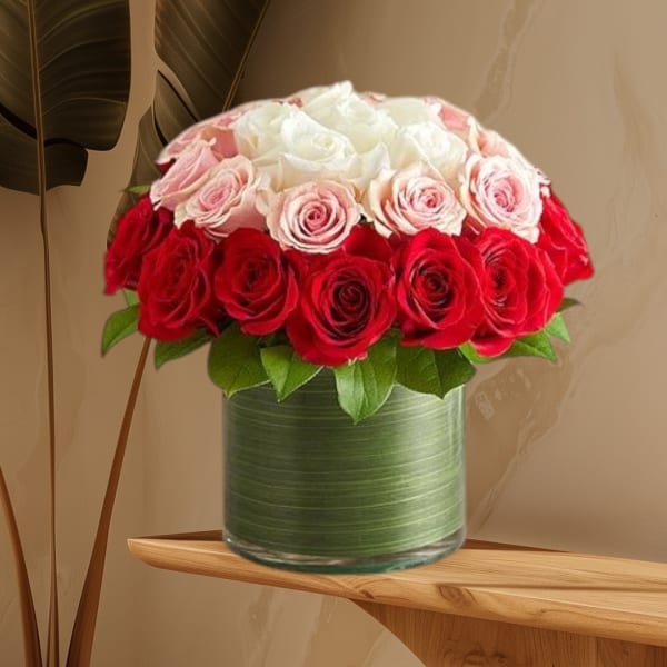 Red, pink, and white roses arranged in a glass vase