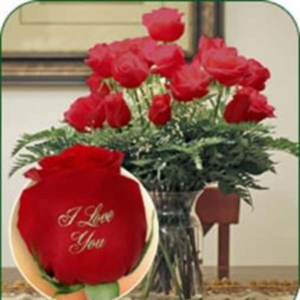 Red roses in a clear glass vase with a red heart pillow reading "I Love You"