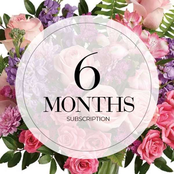 Pink and purple floral arrangement with a "6 months subscription" overlay