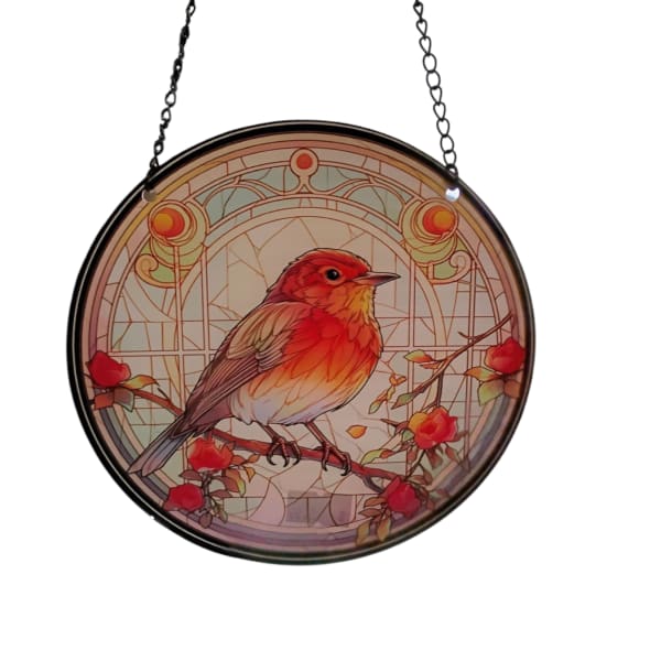 Round hanging plaque with a bird and red flowers