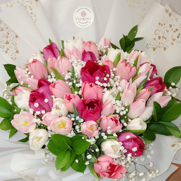 Bouquet of pink, white, and magenta tulips with baby's breath
