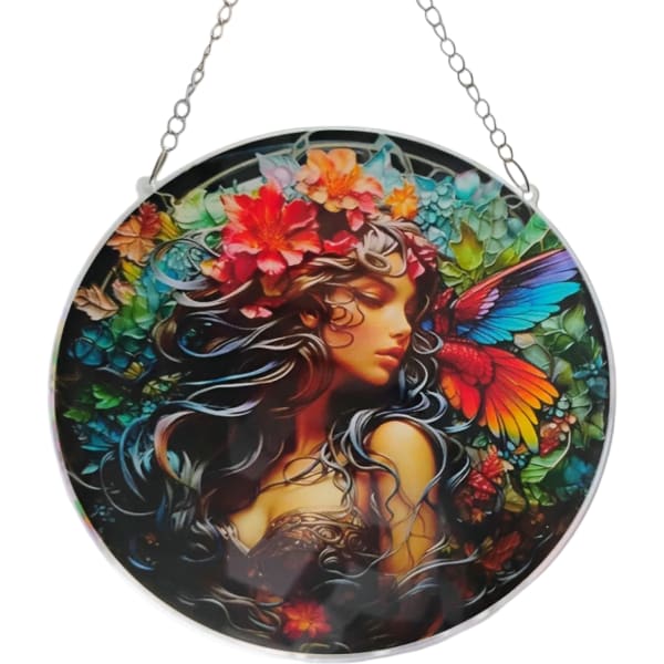 Round hanging wall art with a colorful woman and butterflies