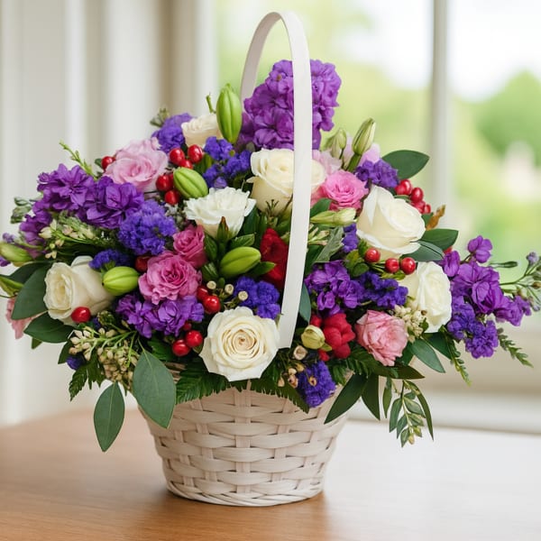 Basket arrangement of purple and white roses with pink blooms