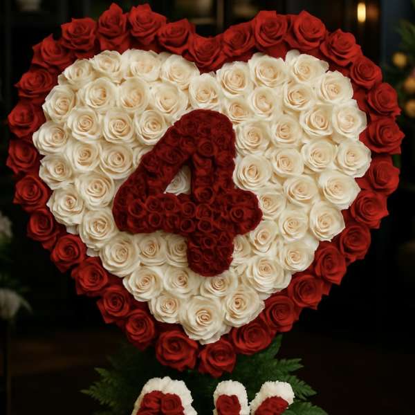 Heart-shaped red and white rose arrangement with a red number 4 and AK initials in roses below.