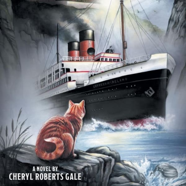 Illustrated book cover with an ocean liner by cliffs, a distant castle, and a cat on a rock