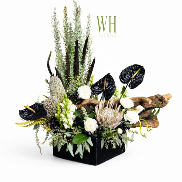 Modern floral arrangement with white blooms, black anthuriums, and tall greenery in a black container