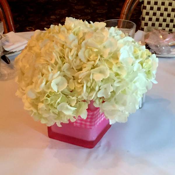 White hydrangea arrangement in a pink gingham container