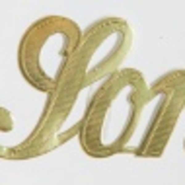 Gold script reading "Mom" on a white background