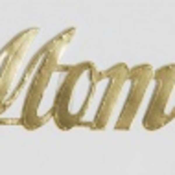 Gold script reading "Mom" on a white background