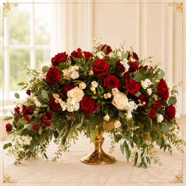 Large arrangement of red and cream roses in a gold vase