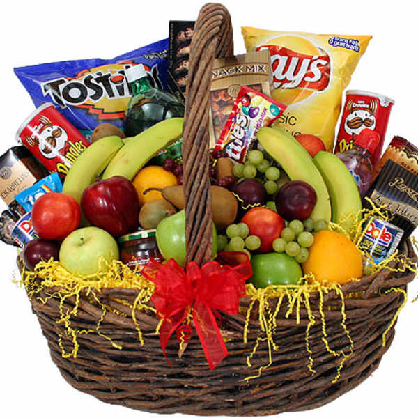 Fruit and snack gift basket with a red bow