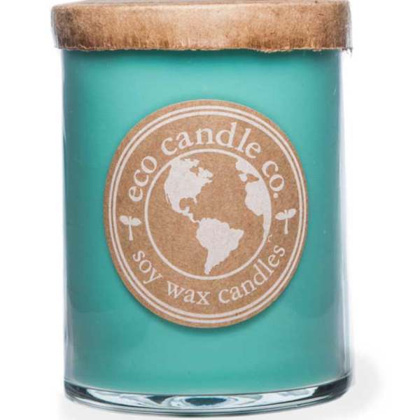 Teal soy candle in a glass jar with a wooden lid