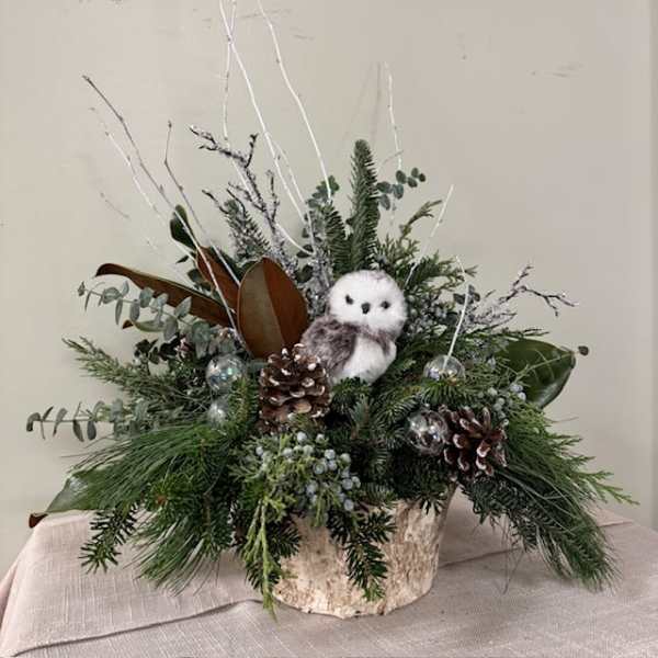 Holiday arrangement with evergreen branches, pinecones, and a small owl figurine in a birch container