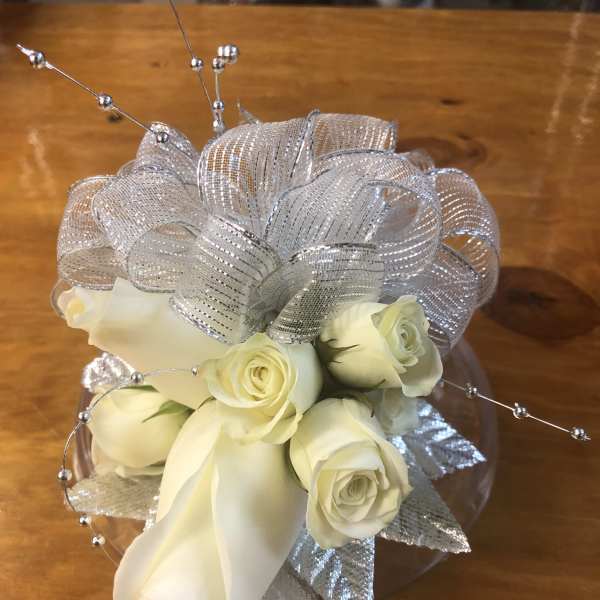 White roses with silver ribbon and bead picks