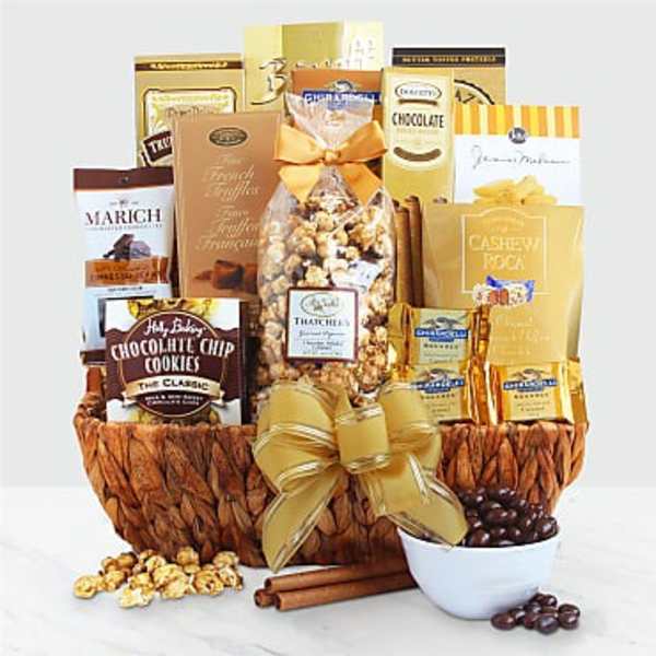 Gift basket filled with assorted chocolates, cookies, and popcorn