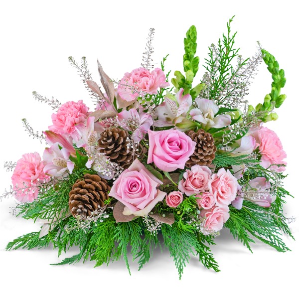Pink roses and carnations arranged with pinecones and greenery