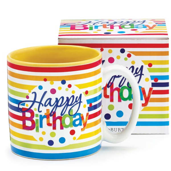 Birthday mug with colorful stripes and matching gift box