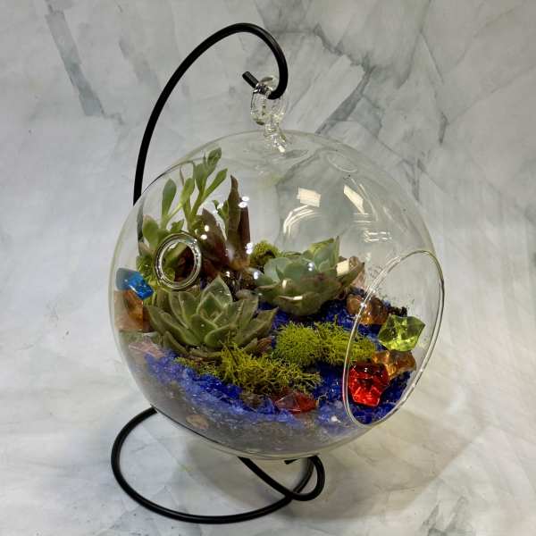 Glass globe terrarium on a black stand with green succulents, blue stones, moss, and colorful glass gems