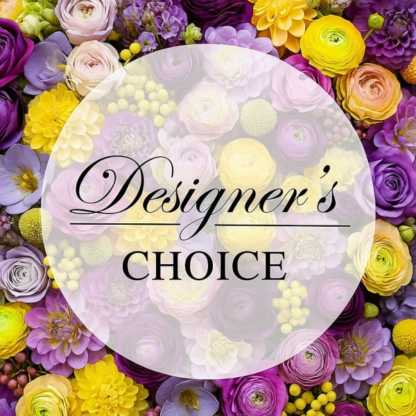 Colorful floral collage with a circular "Designer’s Choice" label