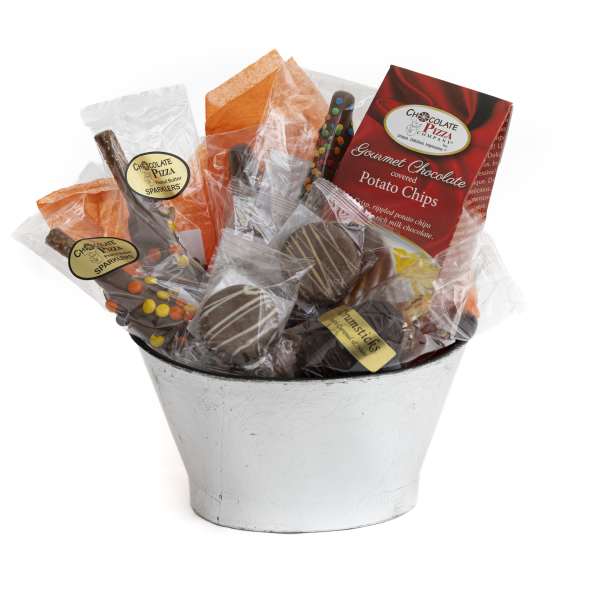 Assorted chocolate treats in a silver bucket