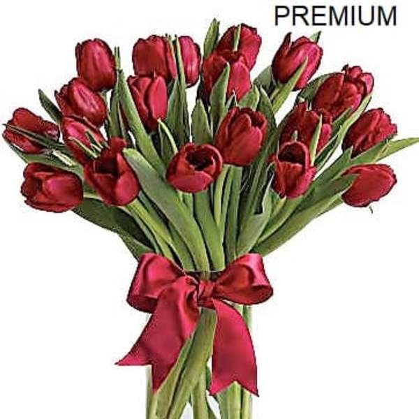 Arrangement of red tulips in a clear glass vase with a red ribbon bow