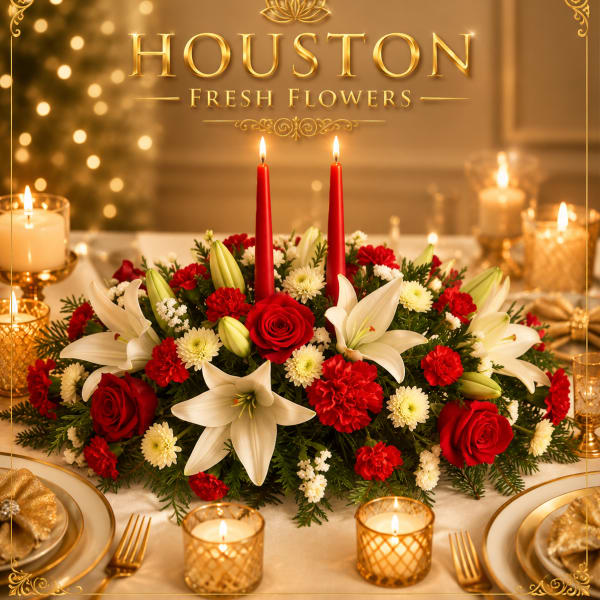 Red and white floral centerpiece with candles on a decorated table