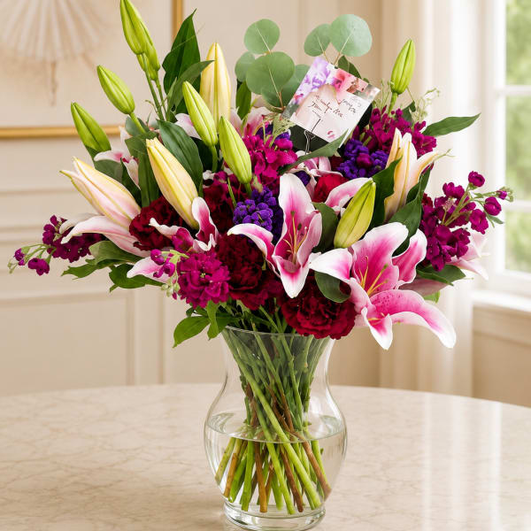 Bouquet of pink lilies, purple flowers, and red carnations in a glass vase