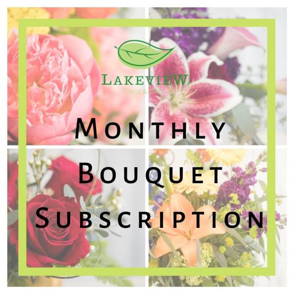 Promotional graphic for a monthly bouquet subscription with flower photos and text.