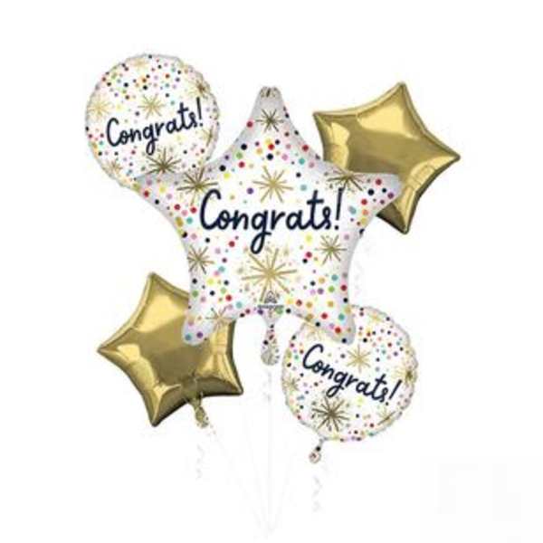 Cluster of congratulatory star and round balloons in white and gold