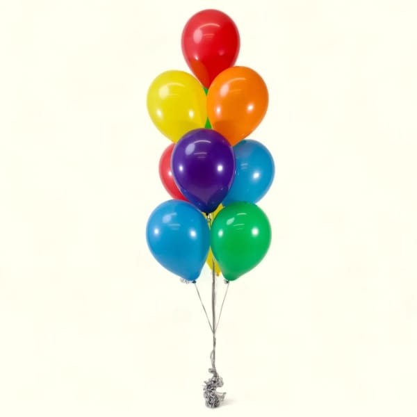 Cluster of colorful helium balloons tied together with silver ribbons