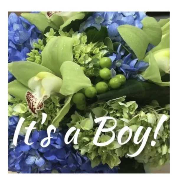 Blue and green floral bouquet with a white orchid bloom