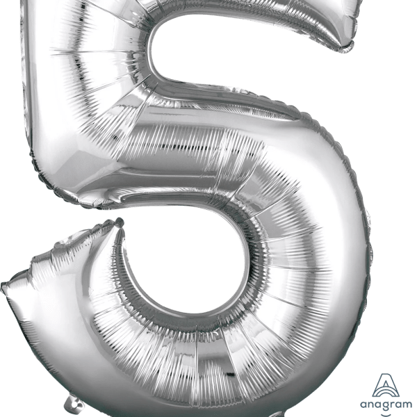 Silver foil balloon shaped like the number 5