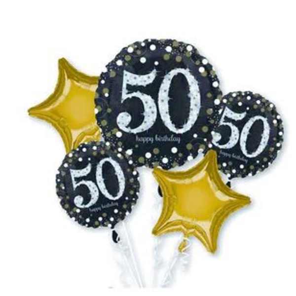 Cluster of 50th birthday balloons with gold star balloons