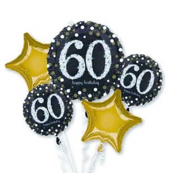 Cluster of 60th birthday balloons with gold star balloons