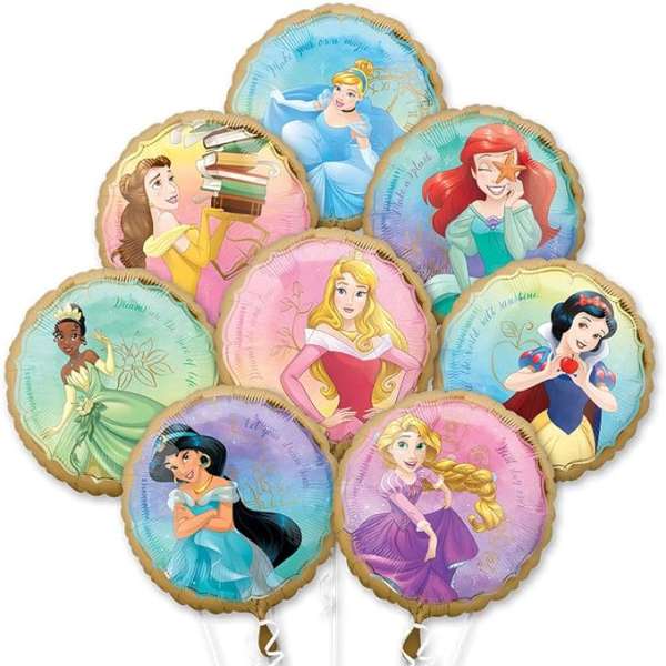 Cluster of Disney princess foil balloons on white sticks
