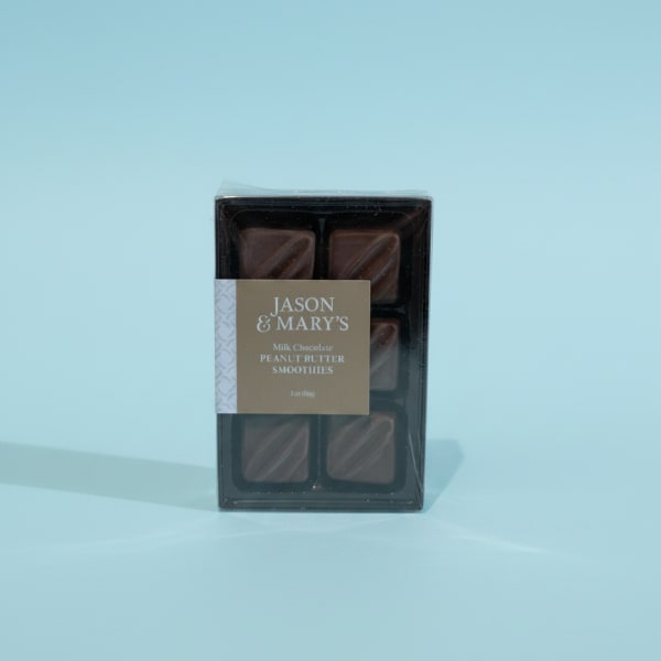 Box of milk chocolate peanut butter candies on a blue background