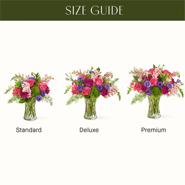 Three mixed flower arrangements in glass vases labeled standard, deluxe, and premium.