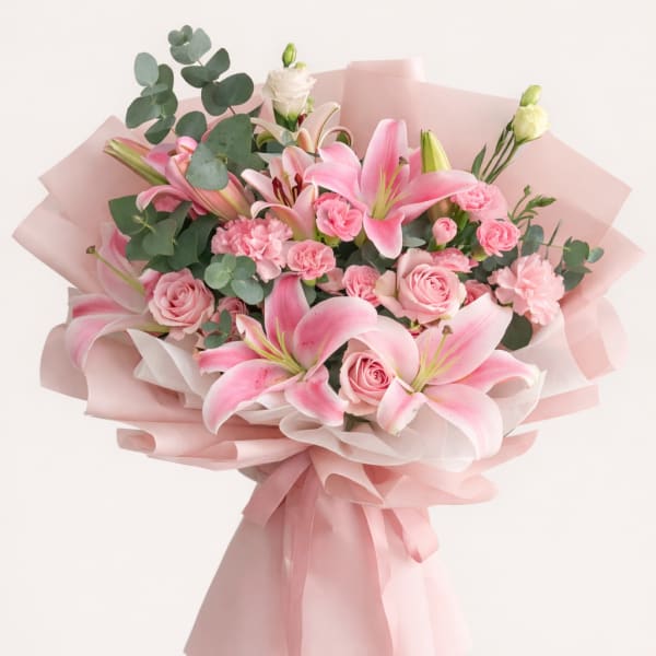 Pink lilies and roses wrapped in pale pink paper