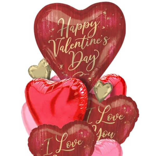 Heart-shaped Valentine’s Day balloons in red, pink, and gold
