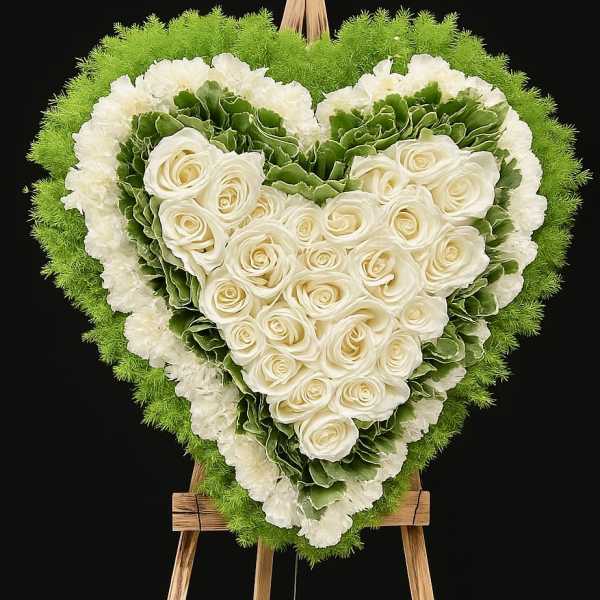 Heart-shaped floral wreath of white roses and green foliage on a wooden easel