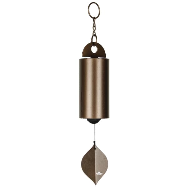 Bronze metal wind chime with a hanging leaf-shaped clapper