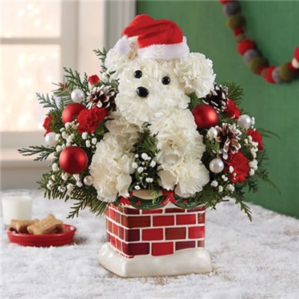 Holiday Chimney Pup™ Christmas Flower Arrangement
